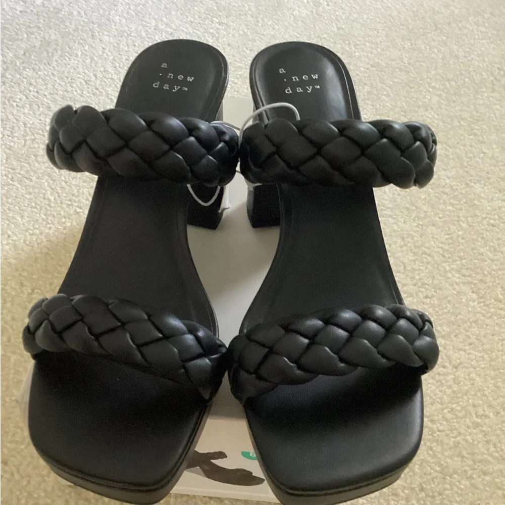 Black Braided Heeled Sandals Modern Block Heel (PRICEDROP) - Picture 2 of 4